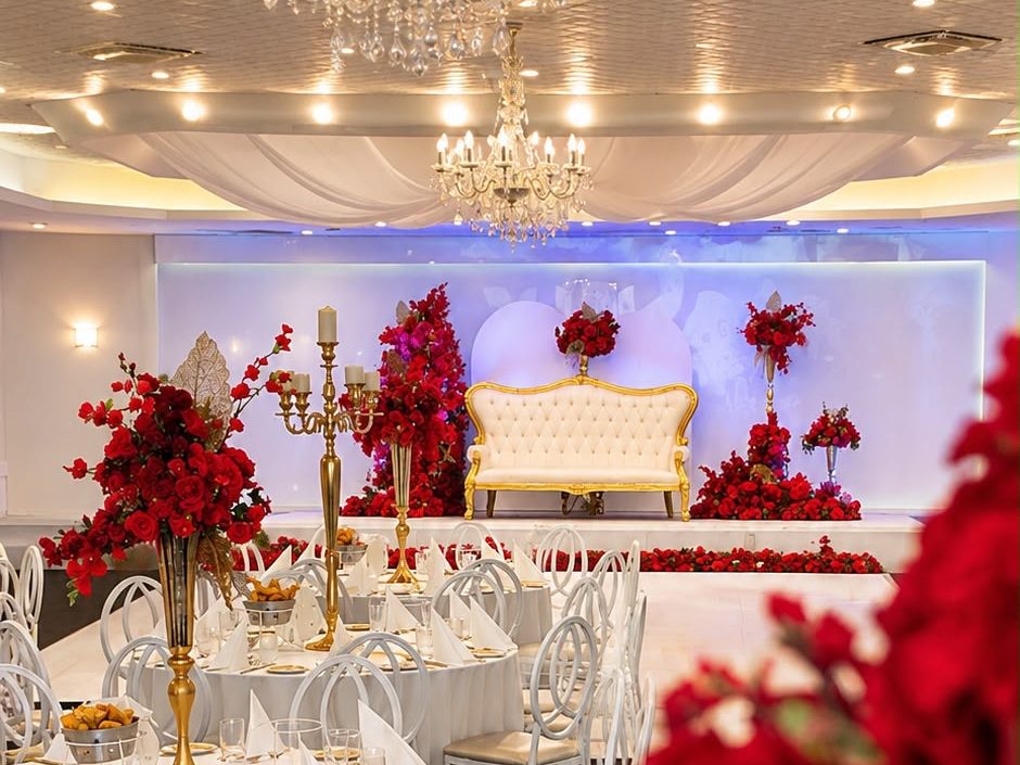 The Diamond Room set with round tables and tall white floral centrepieces