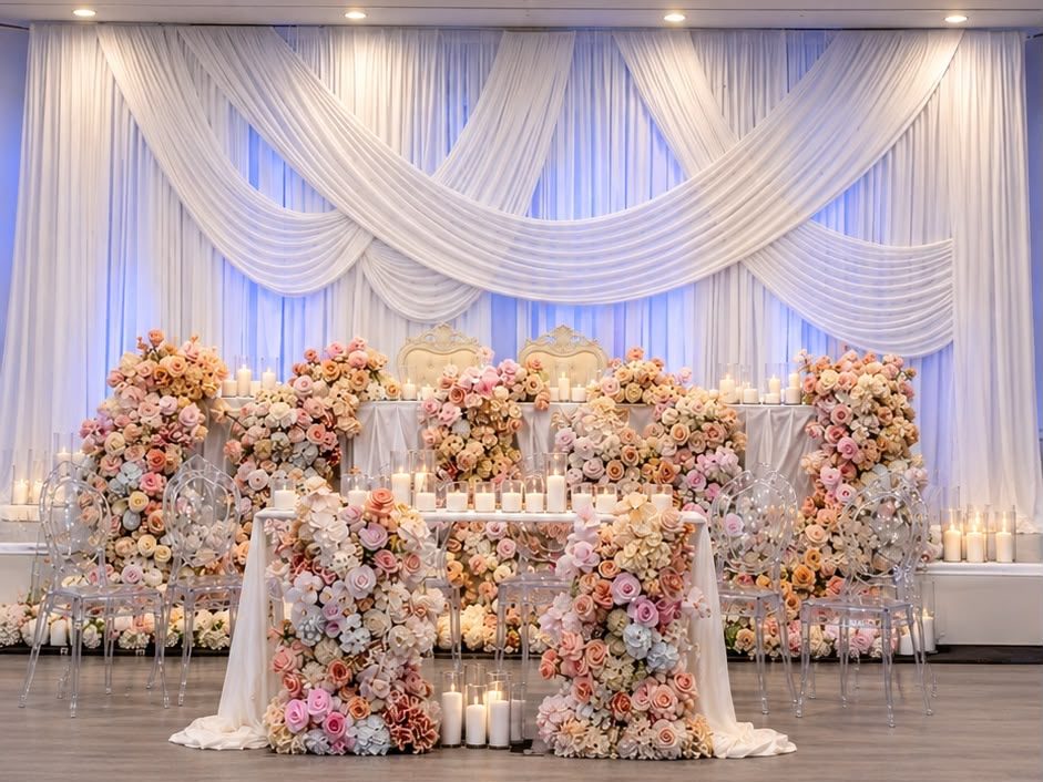 The Grand Ballroom set with round tables, balloons and the head table